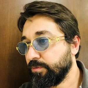 Oval Sunglasses Gold Frame Blue Lens UV400 Protection Men Retro Classic Shades‎